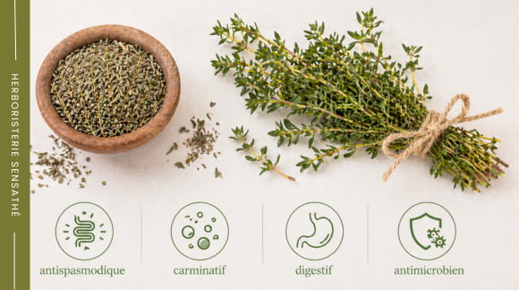Thym frais et thym séché en herboristerie avec propriétés antispasmodique carminatif digestif et antimicrobien - Herboristerie Sensathé